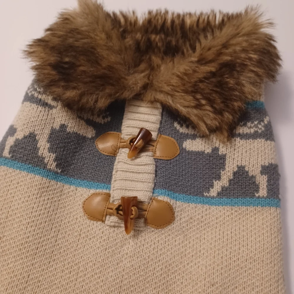 Amazon Button Front Dog Sweater Faux Fur Collar Sz L